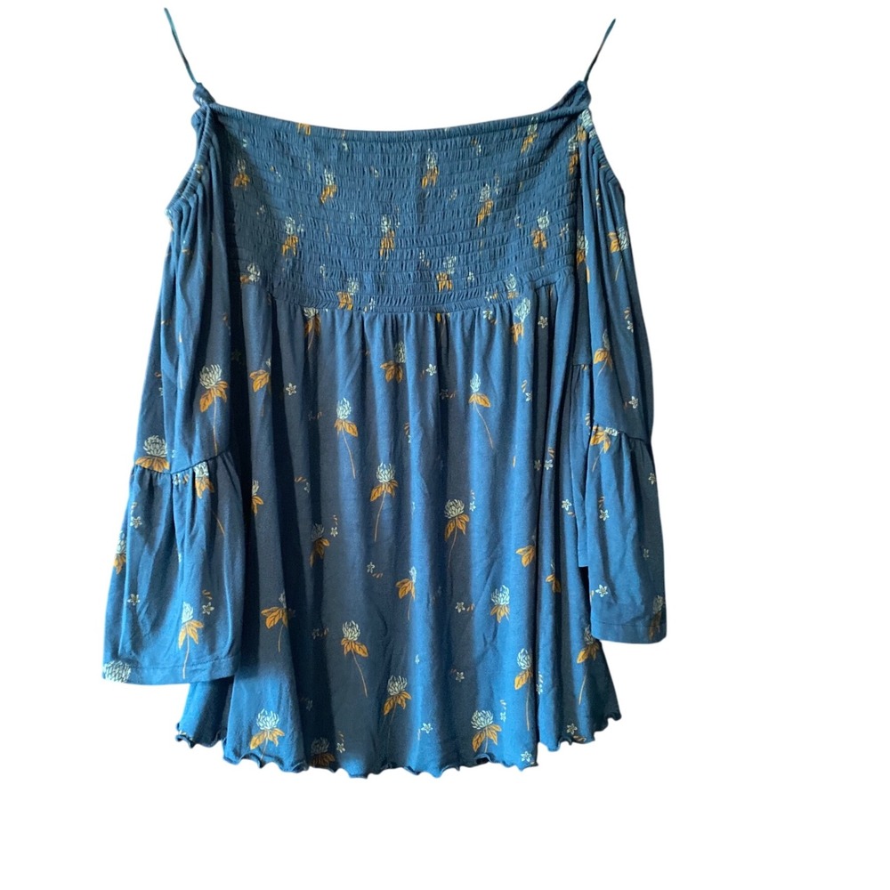 Free People Smocked Floral Top Bell Sleeve Bohemian Off Shoulder Teal Size SP - Picture 2 of 9